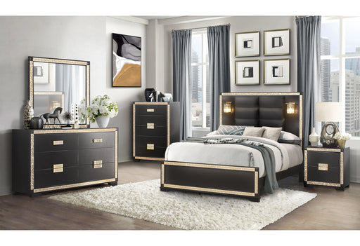 Blake Black/Gold King Bed with Lamps, Dresser, Mirror, 2 Nightstand