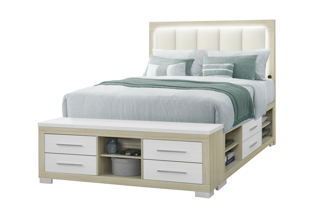 EMMA NATURAL/WHITE QUEEN BED WITH LED AND USB
