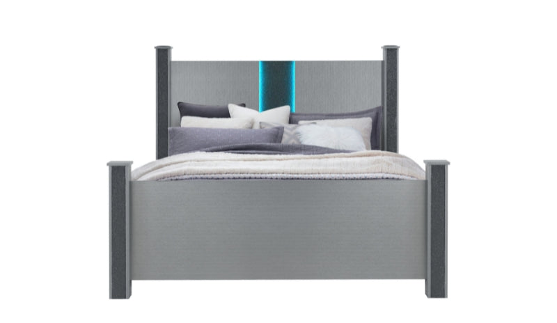 LOGAN SILVER KING BED, DRESSER, MIRROR AND NIGHTSTAND